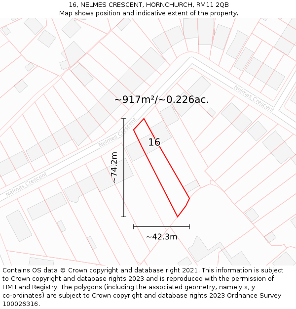 16, NELMES CRESCENT, HORNCHURCH, RM11 2QB: Plot and title map