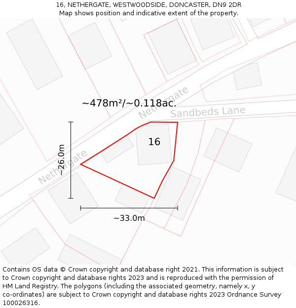 16, NETHERGATE, WESTWOODSIDE, DONCASTER, DN9 2DR: Plot and title map