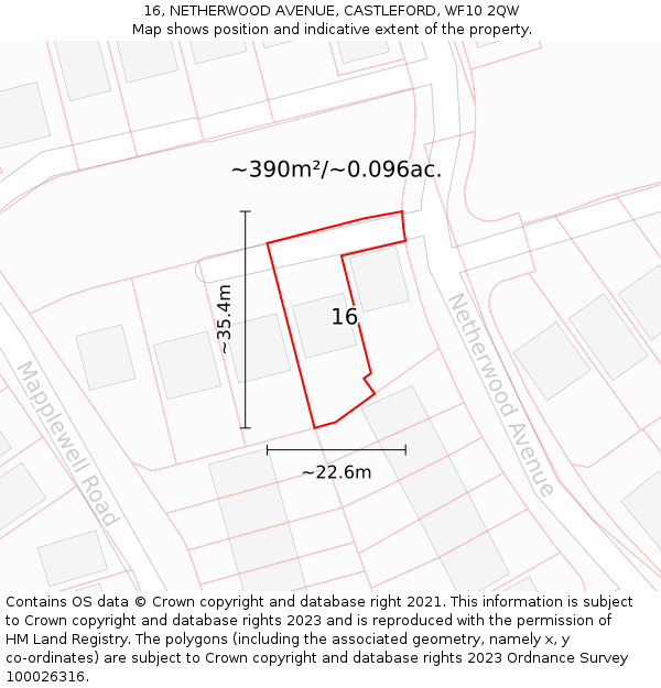 16, NETHERWOOD AVENUE, CASTLEFORD, WF10 2QW: Plot and title map