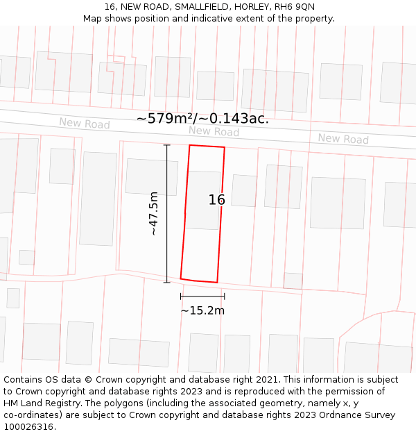16, NEW ROAD, SMALLFIELD, HORLEY, RH6 9QN: Plot and title map