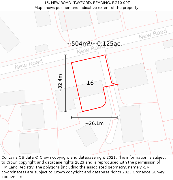 16, NEW ROAD, TWYFORD, READING, RG10 9PT: Plot and title map