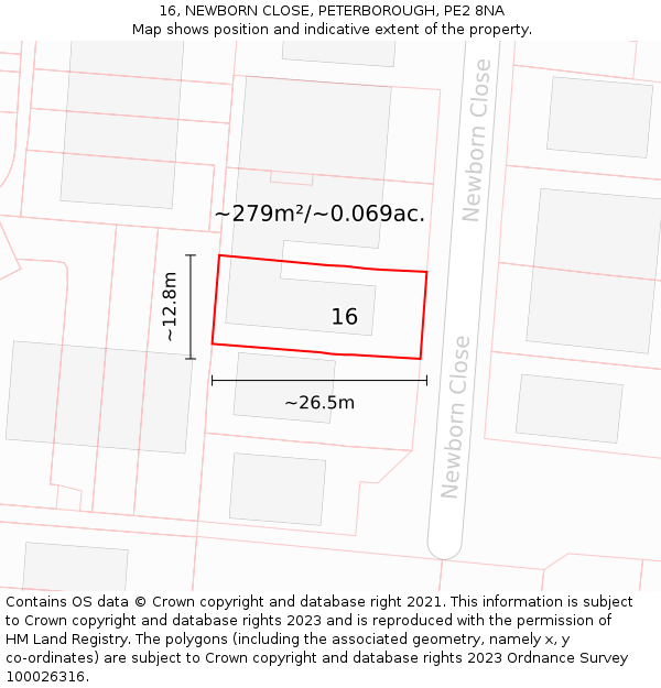 16, NEWBORN CLOSE, PETERBOROUGH, PE2 8NA: Plot and title map