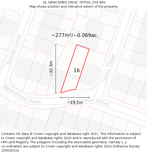 16, NEWCOMEN DRIVE, TIPTON, DY4 8XX: Plot and title map