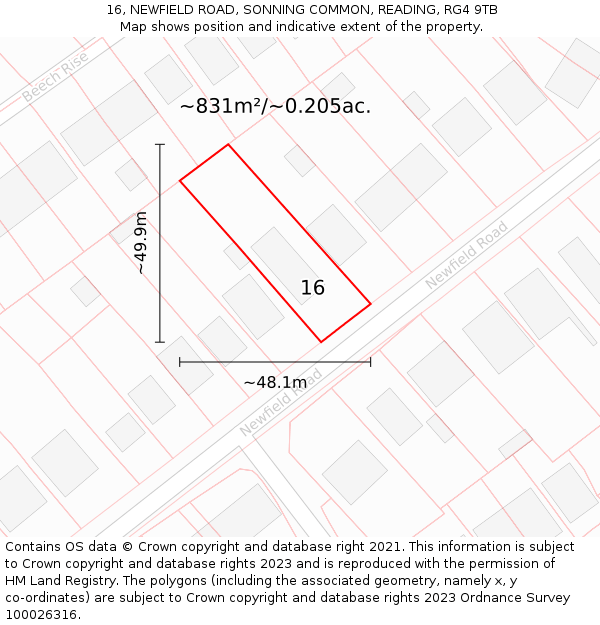 16, NEWFIELD ROAD, SONNING COMMON, READING, RG4 9TB: Plot and title map