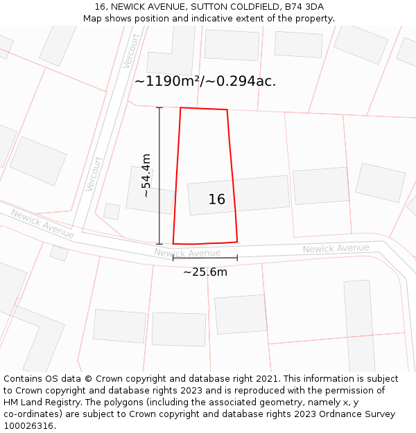 16, NEWICK AVENUE, SUTTON COLDFIELD, B74 3DA: Plot and title map
