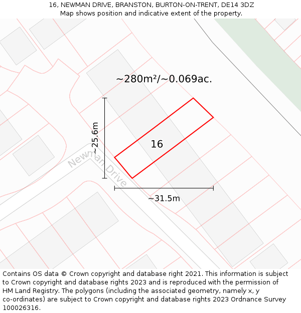 16, NEWMAN DRIVE, BRANSTON, BURTON-ON-TRENT, DE14 3DZ: Plot and title map