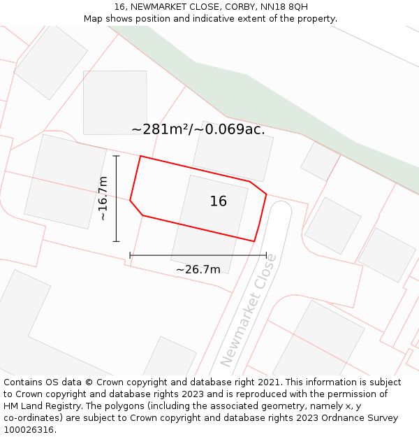 16, NEWMARKET CLOSE, CORBY, NN18 8QH: Plot and title map