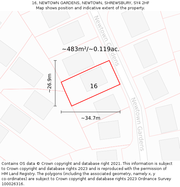 16, NEWTOWN GARDENS, NEWTOWN, SHREWSBURY, SY4 2HF: Plot and title map