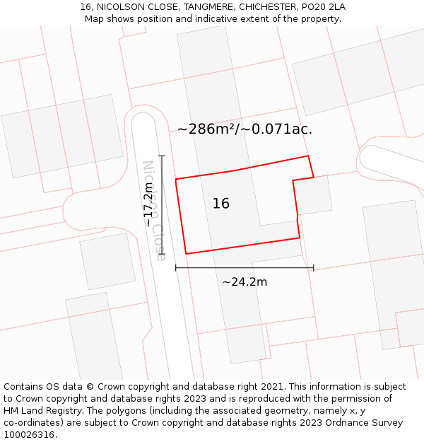 16, NICOLSON CLOSE, TANGMERE, CHICHESTER, PO20 2LA: Plot and title map