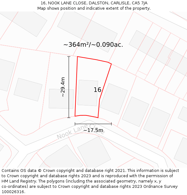 16, NOOK LANE CLOSE, DALSTON, CARLISLE, CA5 7JA: Plot and title map