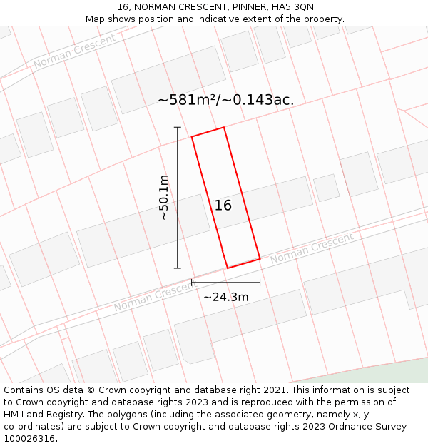 16, NORMAN CRESCENT, PINNER, HA5 3QN: Plot and title map