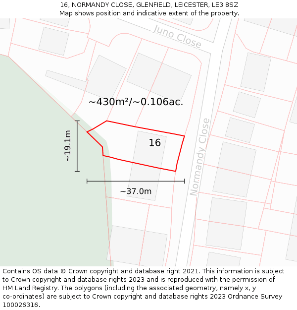 16, NORMANDY CLOSE, GLENFIELD, LEICESTER, LE3 8SZ: Plot and title map