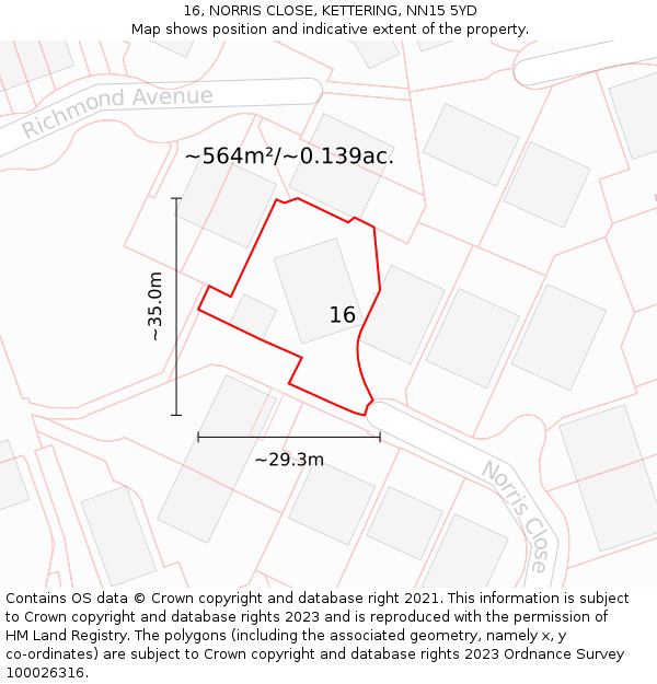 16, NORRIS CLOSE, KETTERING, NN15 5YD: Plot and title map