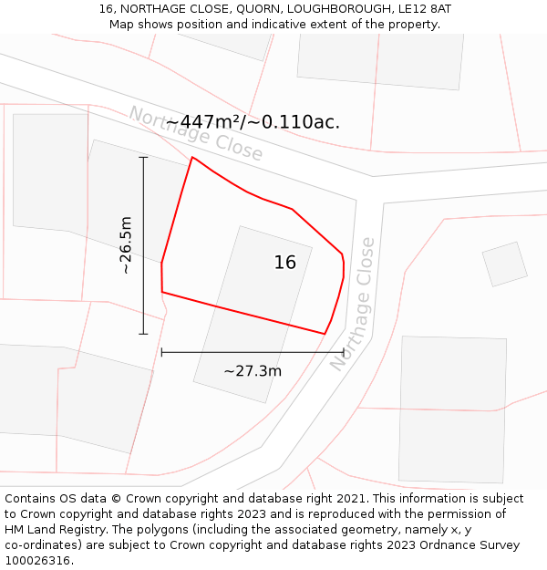16, NORTHAGE CLOSE, QUORN, LOUGHBOROUGH, LE12 8AT: Plot and title map