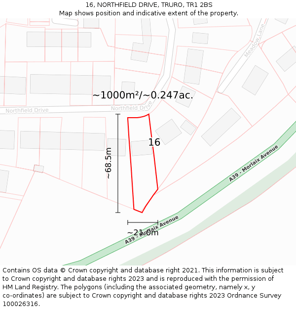 16, NORTHFIELD DRIVE, TRURO, TR1 2BS: Plot and title map