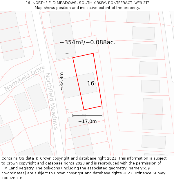 16, NORTHFIELD MEADOWS, SOUTH KIRKBY, PONTEFRACT, WF9 3TF: Plot and title map