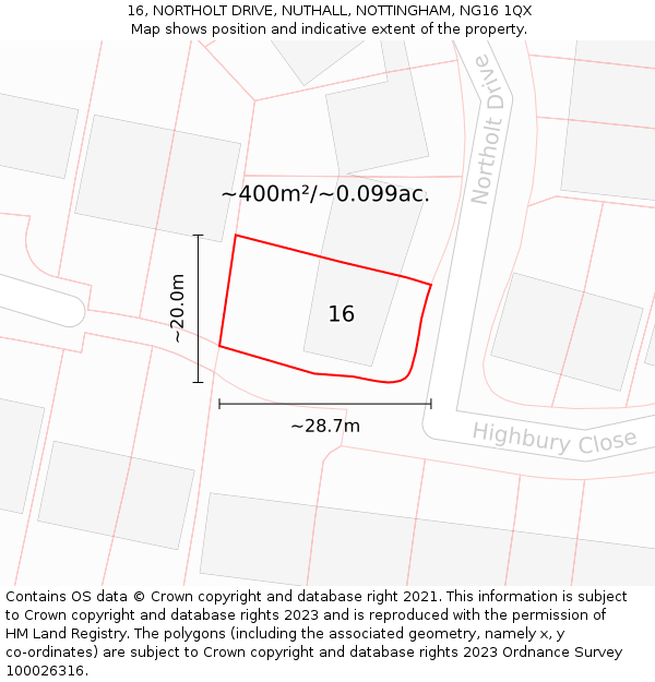 16, NORTHOLT DRIVE, NUTHALL, NOTTINGHAM, NG16 1QX: Plot and title map
