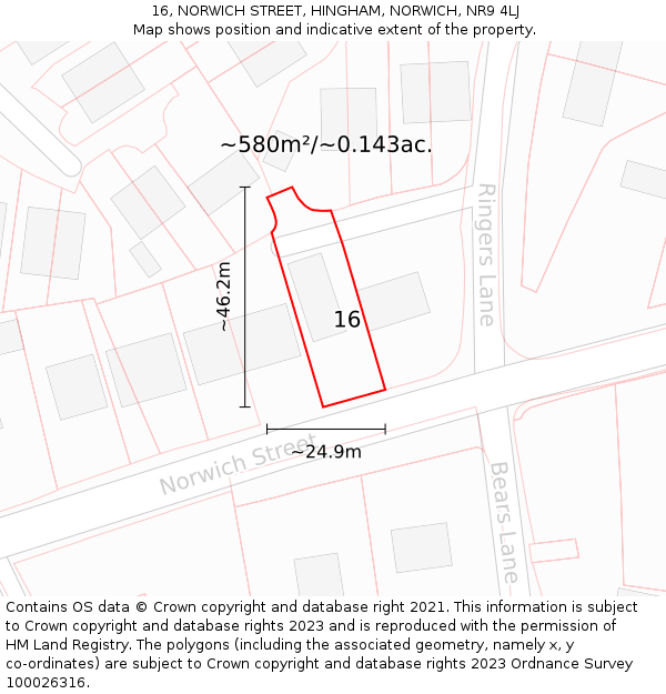 16, NORWICH STREET, HINGHAM, NORWICH, NR9 4LJ: Plot and title map