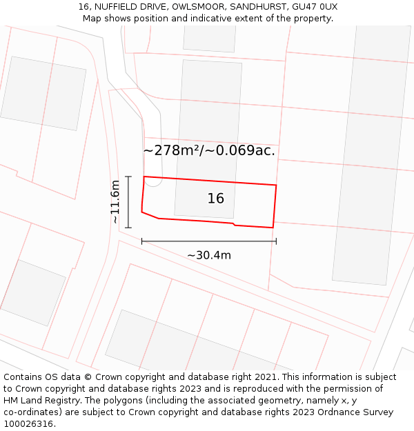 16, NUFFIELD DRIVE, OWLSMOOR, SANDHURST, GU47 0UX: Plot and title map