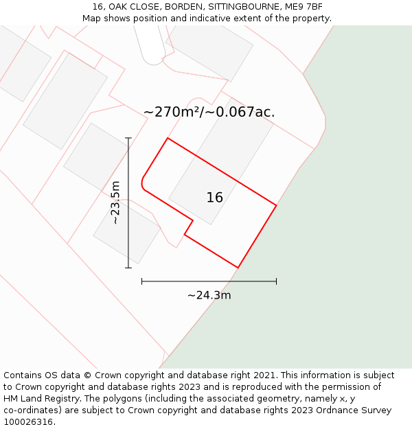 16, OAK CLOSE, BORDEN, SITTINGBOURNE, ME9 7BF: Plot and title map