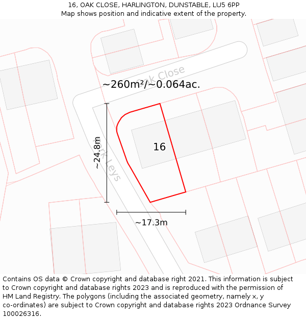 16, OAK CLOSE, HARLINGTON, DUNSTABLE, LU5 6PP: Plot and title map