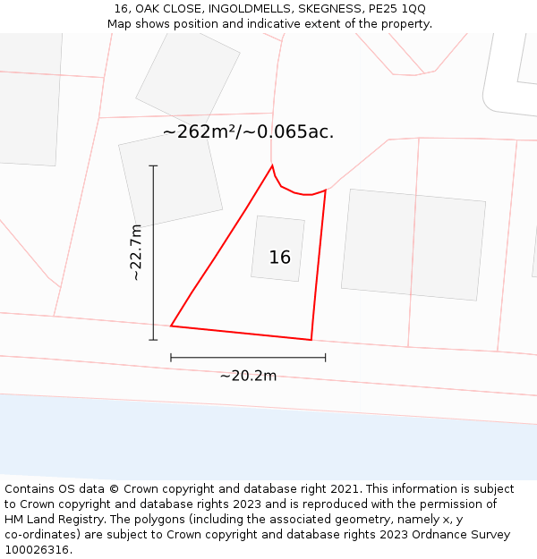 16, OAK CLOSE, INGOLDMELLS, SKEGNESS, PE25 1QQ: Plot and title map