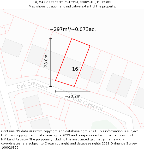 16, OAK CRESCENT, CHILTON, FERRYHILL, DL17 0EL: Plot and title map