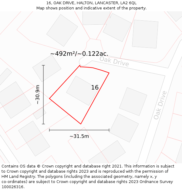 16, OAK DRIVE, HALTON, LANCASTER, LA2 6QL: Plot and title map