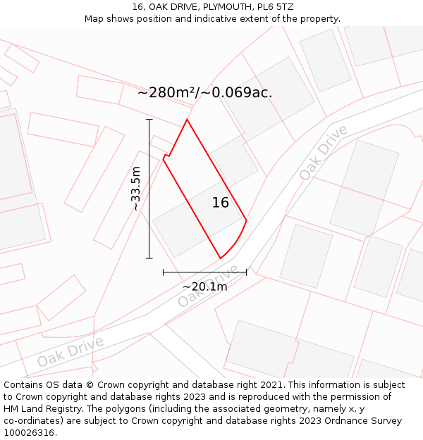 16, OAK DRIVE, PLYMOUTH, PL6 5TZ: Plot and title map