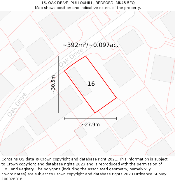 16, OAK DRIVE, PULLOXHILL, BEDFORD, MK45 5EQ: Plot and title map