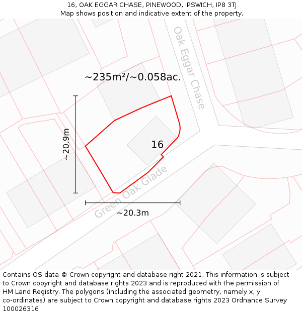 16, OAK EGGAR CHASE, PINEWOOD, IPSWICH, IP8 3TJ: Plot and title map