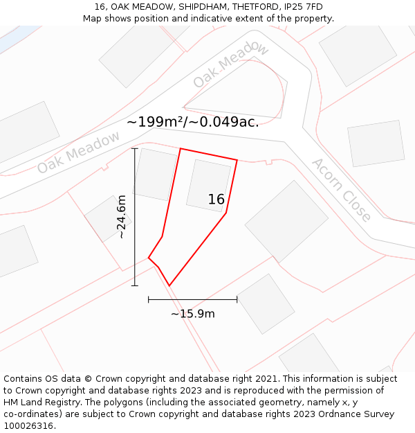 16, OAK MEADOW, SHIPDHAM, THETFORD, IP25 7FD: Plot and title map
