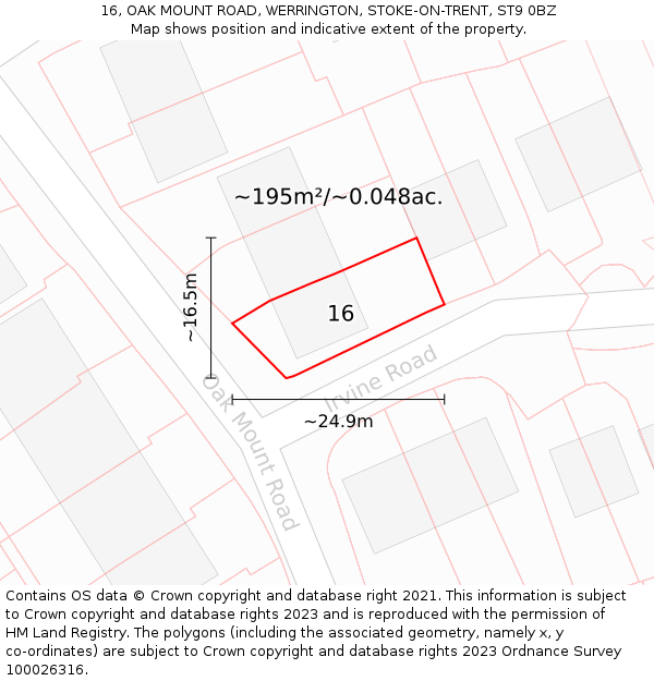 16, OAK MOUNT ROAD, WERRINGTON, STOKE-ON-TRENT, ST9 0BZ: Plot and title map