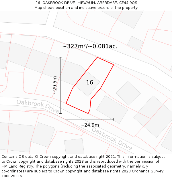 16, OAKBROOK DRIVE, HIRWAUN, ABERDARE, CF44 9QS: Plot and title map