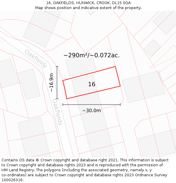 16, OAKFIELDS, HUNWICK, CROOK, DL15 0GA: Plot and title map