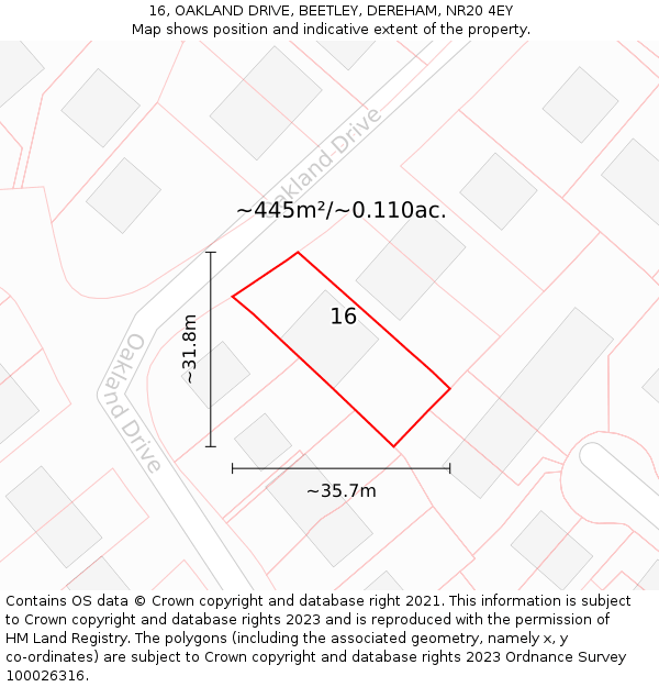 16, OAKLAND DRIVE, BEETLEY, DEREHAM, NR20 4EY: Plot and title map