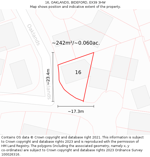 16, OAKLANDS, BIDEFORD, EX39 3HW: Plot and title map