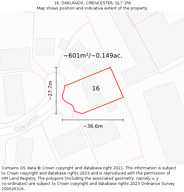 16, OAKLANDS, CIRENCESTER, GL7 1FA: Plot and title map