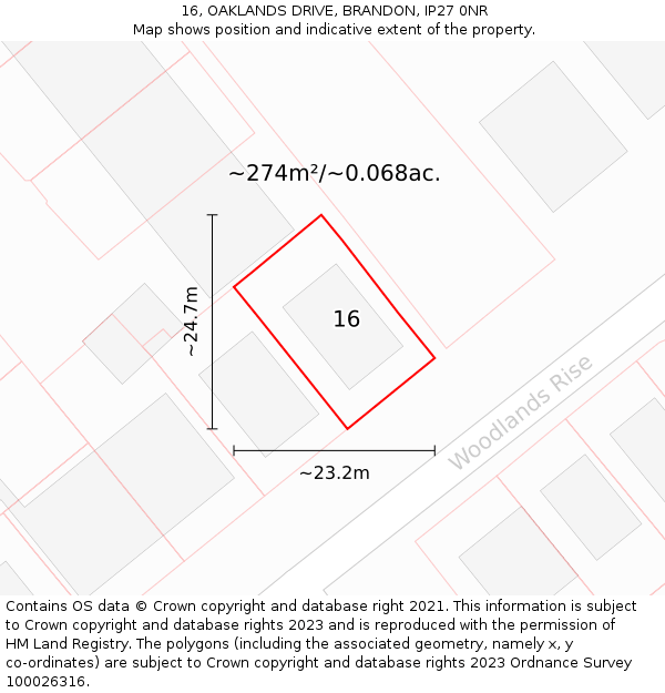 16, OAKLANDS DRIVE, BRANDON, IP27 0NR: Plot and title map