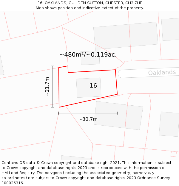 16, OAKLANDS, GUILDEN SUTTON, CHESTER, CH3 7HE: Plot and title map