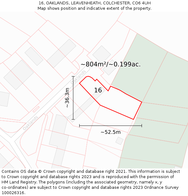 16, OAKLANDS, LEAVENHEATH, COLCHESTER, CO6 4UH: Plot and title map