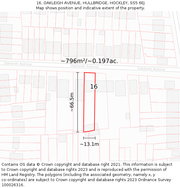 16, OAKLEIGH AVENUE, HULLBRIDGE, HOCKLEY, SS5 6EJ: Plot and title map
