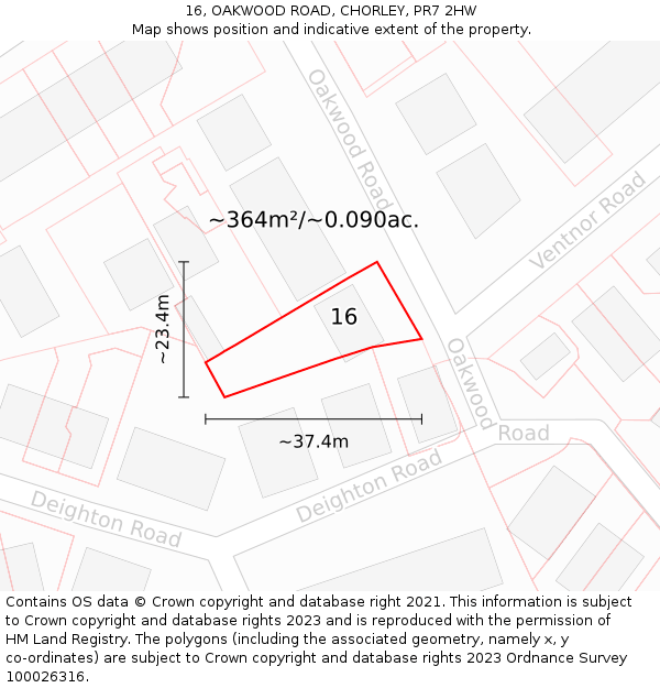 16, OAKWOOD ROAD, CHORLEY, PR7 2HW: Plot and title map