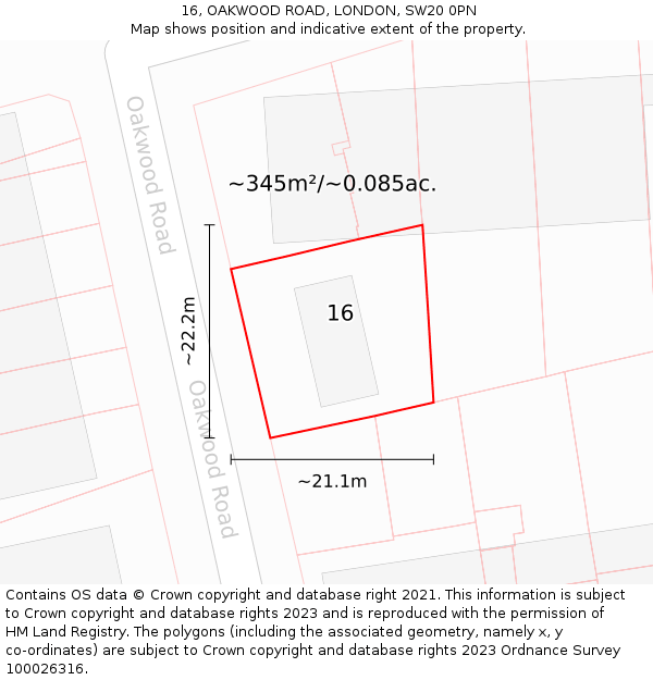 16, OAKWOOD ROAD, LONDON, SW20 0PN: Plot and title map