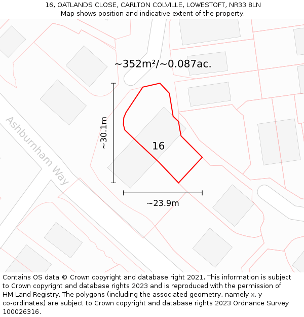 16, OATLANDS CLOSE, CARLTON COLVILLE, LOWESTOFT, NR33 8LN: Plot and title map