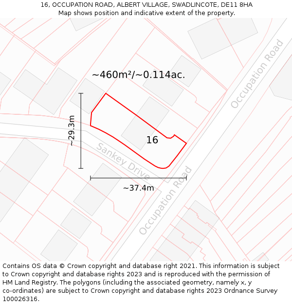 16, OCCUPATION ROAD, ALBERT VILLAGE, SWADLINCOTE, DE11 8HA: Plot and title map