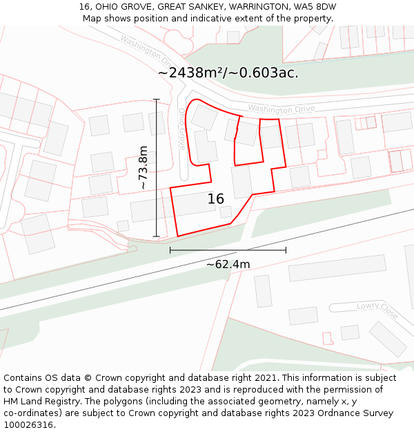 16, OHIO GROVE, GREAT SANKEY, WARRINGTON, WA5 8DW: Plot and title map