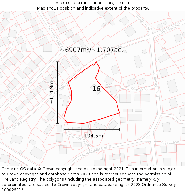 16, OLD EIGN HILL, HEREFORD, HR1 1TU: Plot and title map