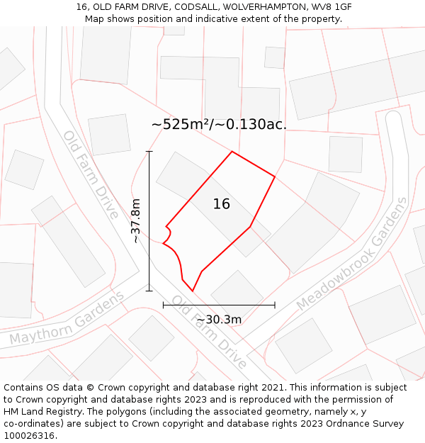 16, OLD FARM DRIVE, CODSALL, WOLVERHAMPTON, WV8 1GF: Plot and title map