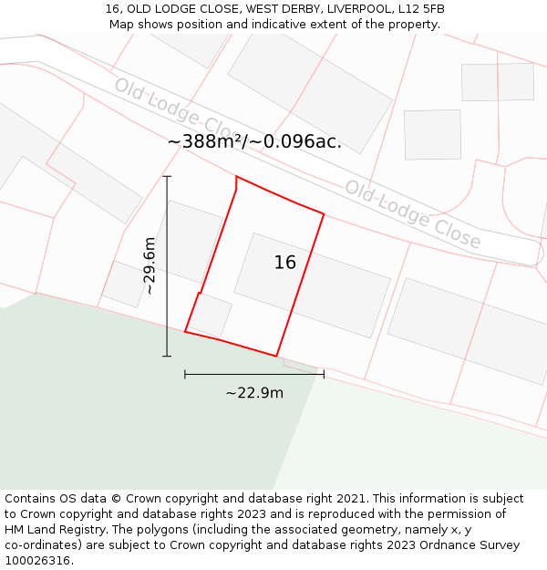 16, OLD LODGE CLOSE, WEST DERBY, LIVERPOOL, L12 5FB: Plot and title map